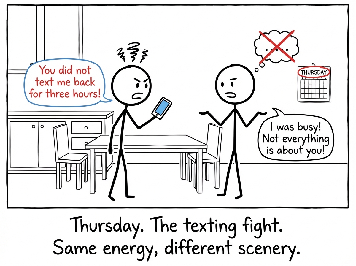 Same couple, different room. One is holding a phone saying 'You did not text me back for three hours!' The other says 'I was busy! Not everything is about you!' Calendar shows Thursday.
