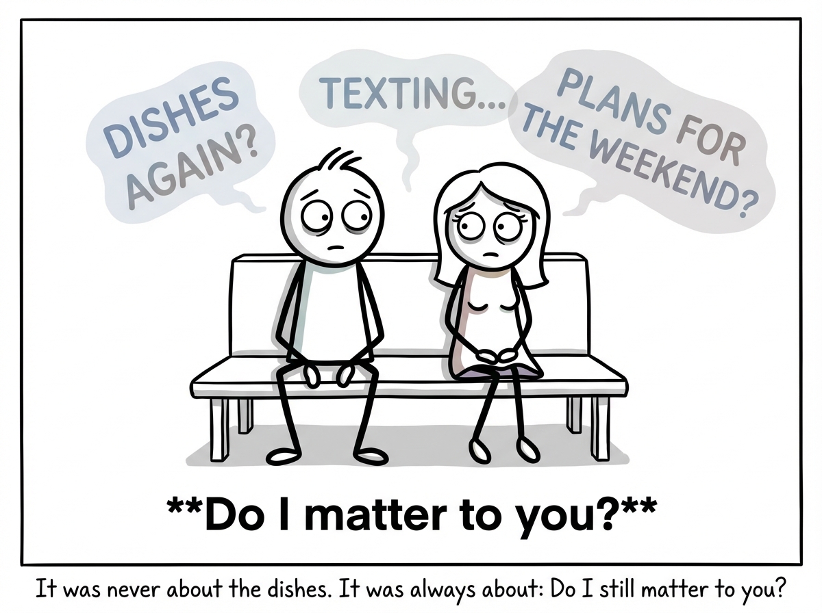 The couple sitting quietly. The surface arguments (dishes, texting, plans) float above, faded. Below both of them, in bold text, the real question: 'Do I matter to you?' Both figures have the same scared expression.