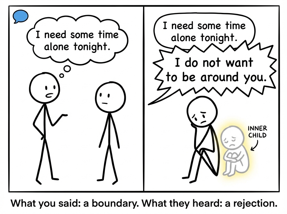 Split panel. Left: a stick figure says 'I need some time alone tonight.' Right: the words morph into 'I do not want to be around you.' The listener's inner child appears, looking abandoned.