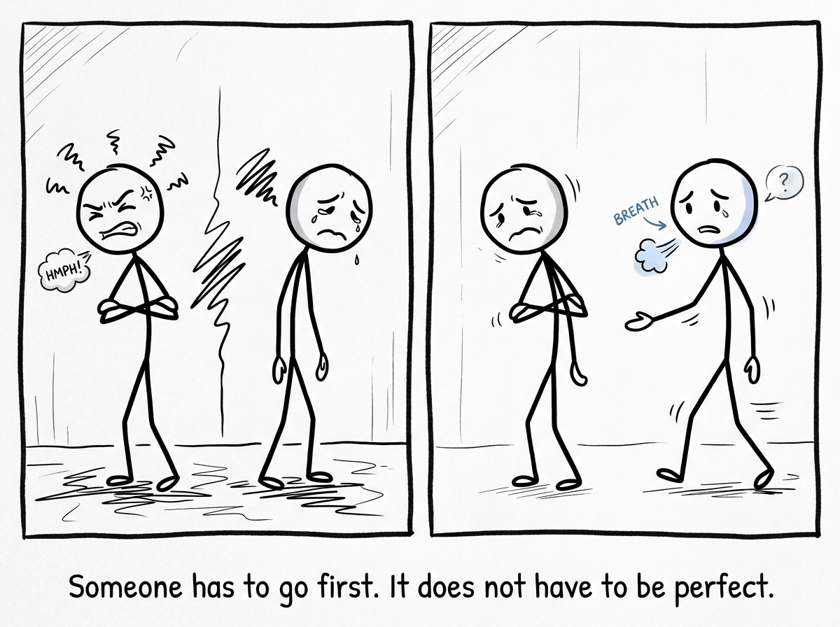 Two stick figures after an argument, both hurting, one taking a deep breath and deciding to go first instead of waiting