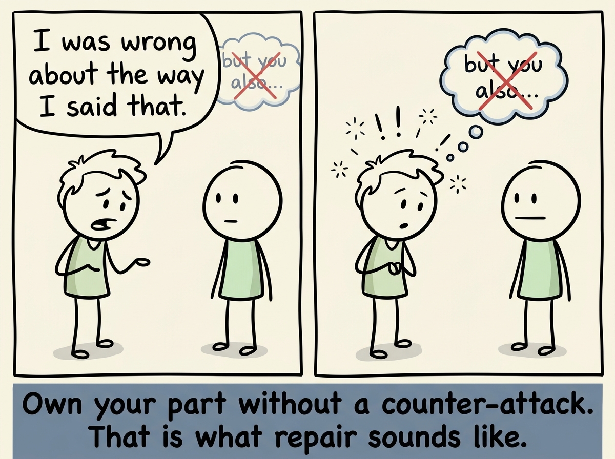 The first figure saying 'I was wrong about the way I said that' without adding 'but you also...' -- owning their part cleanly