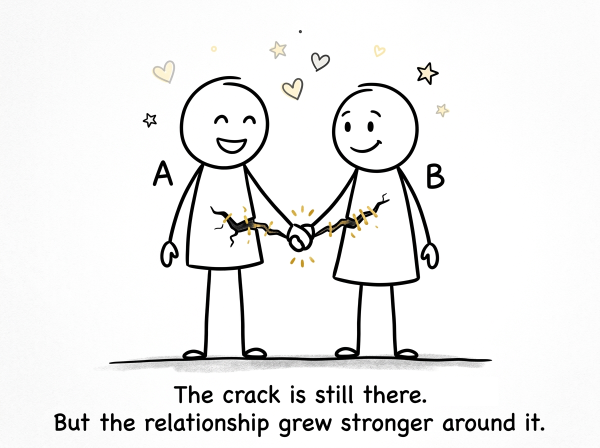 Both figures reconnected, the tension dissolved, holding hands with a small visible crack between them that has been mended