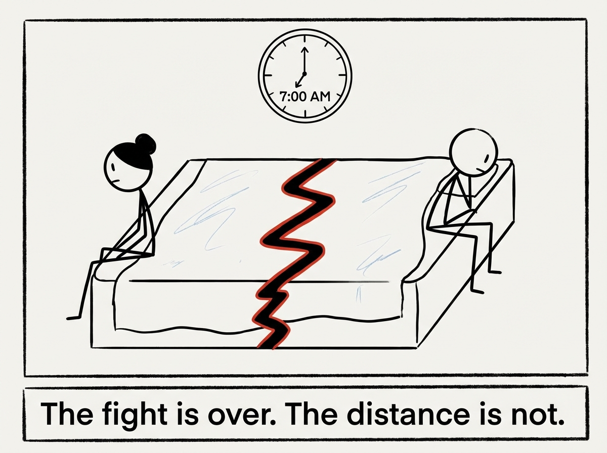 Two stick figures in bed, facing away from each other on opposite edges of the mattress, a jagged line of tension between them. A clock reads 7:00 AM