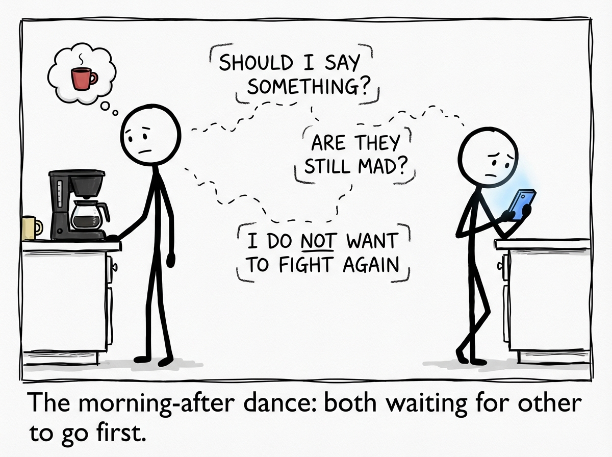 Both figures in the kitchen, carefully avoiding eye contact. One stands at the coffee maker, the other pretends to read their phone. The space between them is filled with floating words: 'Should I say something?' 'Are they still mad?' 'I do not want to fight again'