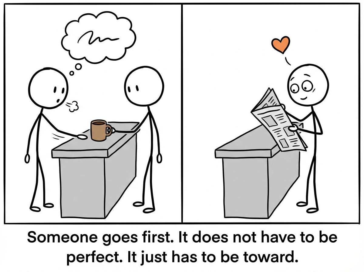 One stick figure takes a breath and slides a cup of coffee across the counter to the other. It is a small gesture, but both of them know what it means. The other figure looks up, surprised and softened