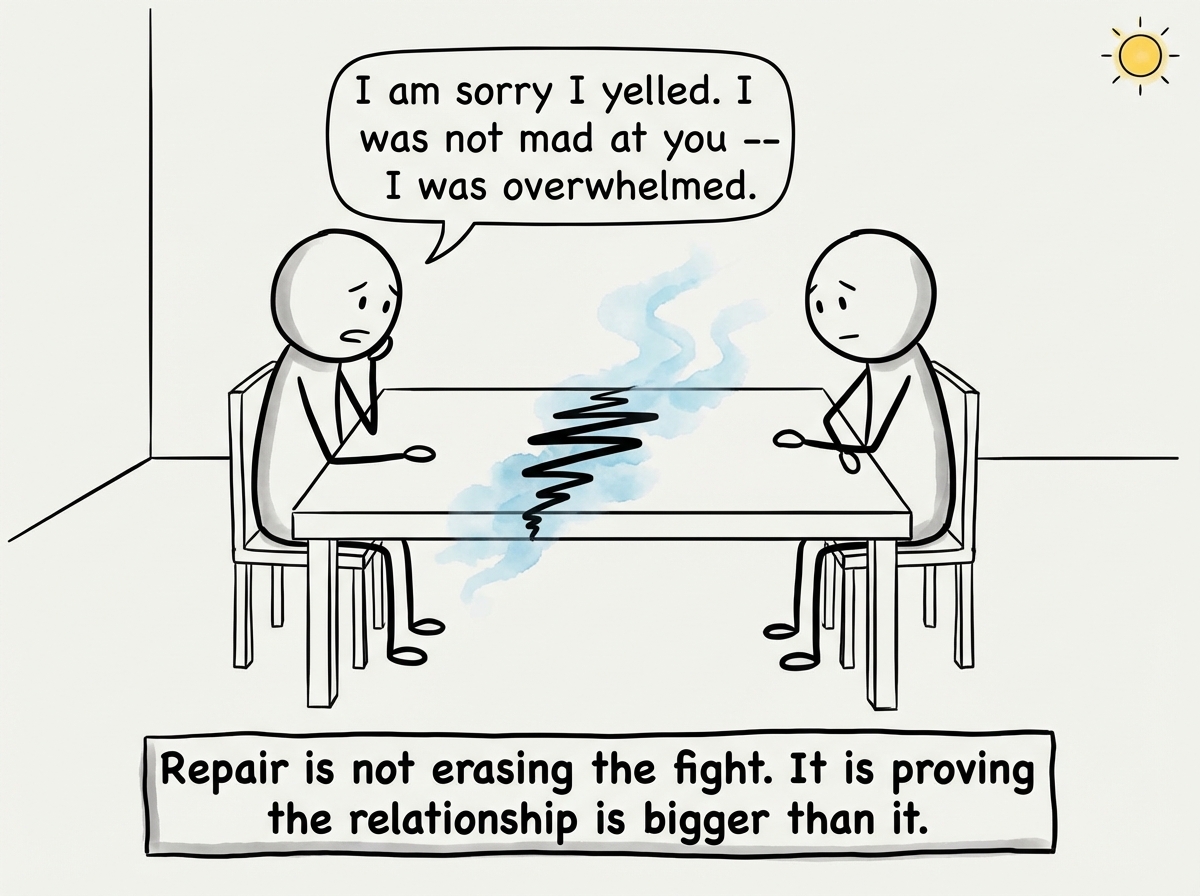 Both figures sitting at the table, still a little guarded but facing each other. One says 'I am sorry I yelled. I was not mad at you -- I was overwhelmed.' The jagged tension line between them is starting to dissolve