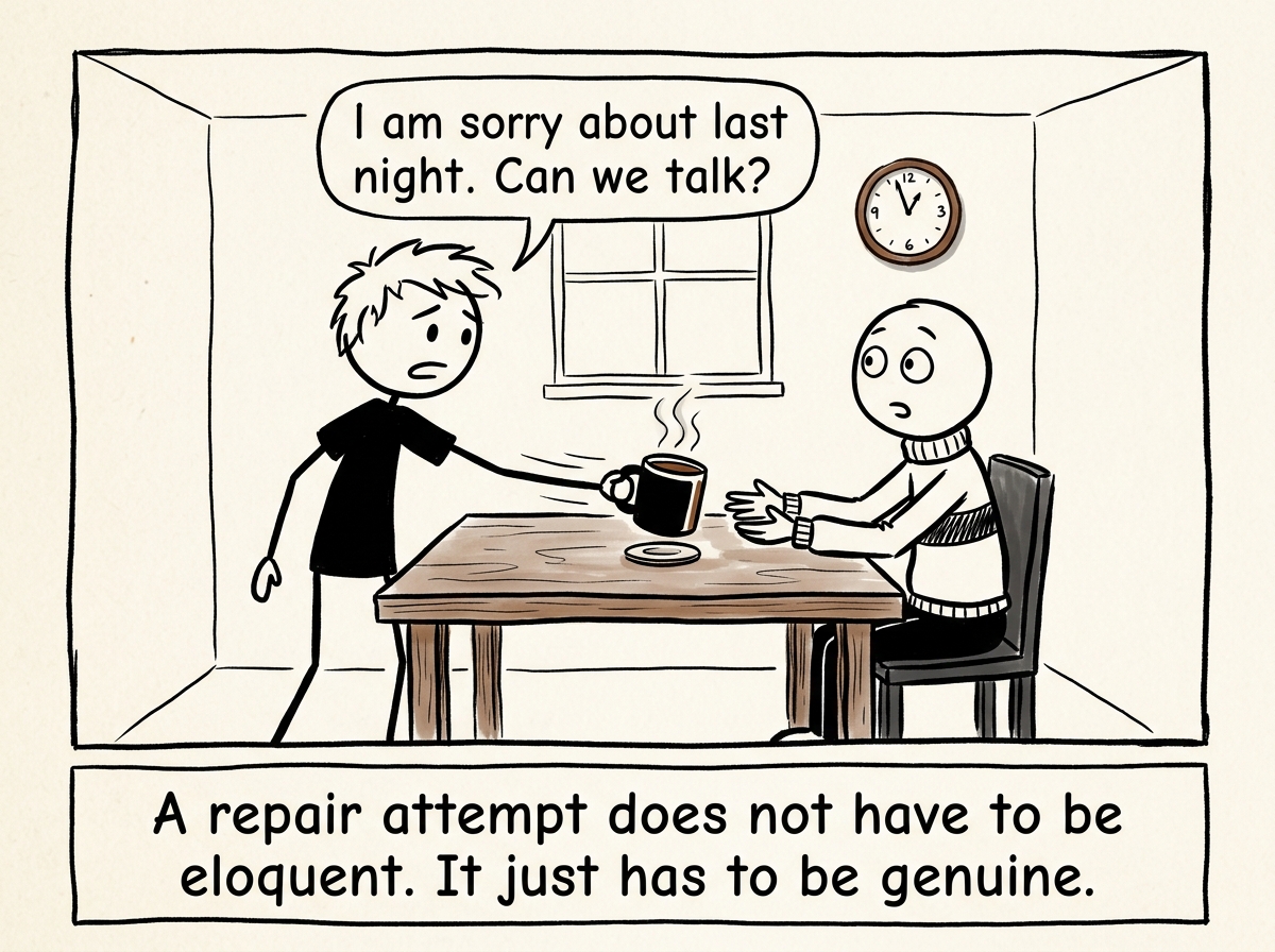 The figure sliding a cup of coffee to their partner and saying 'I am sorry about last night. Can we talk?'