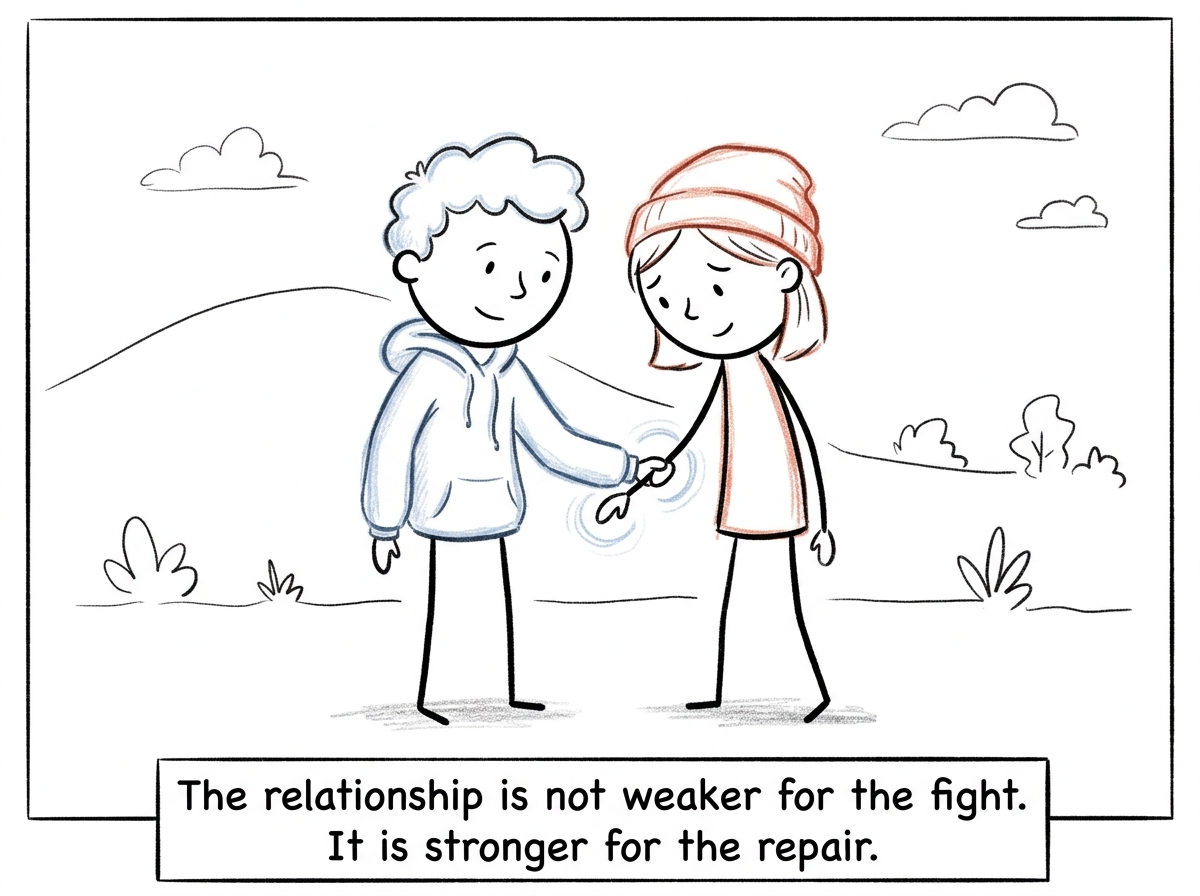 Both figures closer together, the tension dissolved, not pretending the fight did not happen but having moved through it