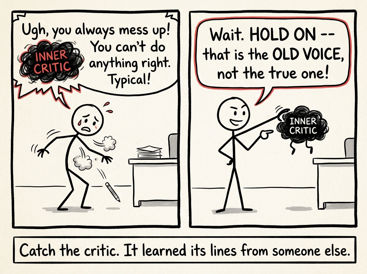 A stick figure makes a mistake and hears the familiar inner critic start up, then catches it and says 'Hold on -- that is the old voice, not the true one'
