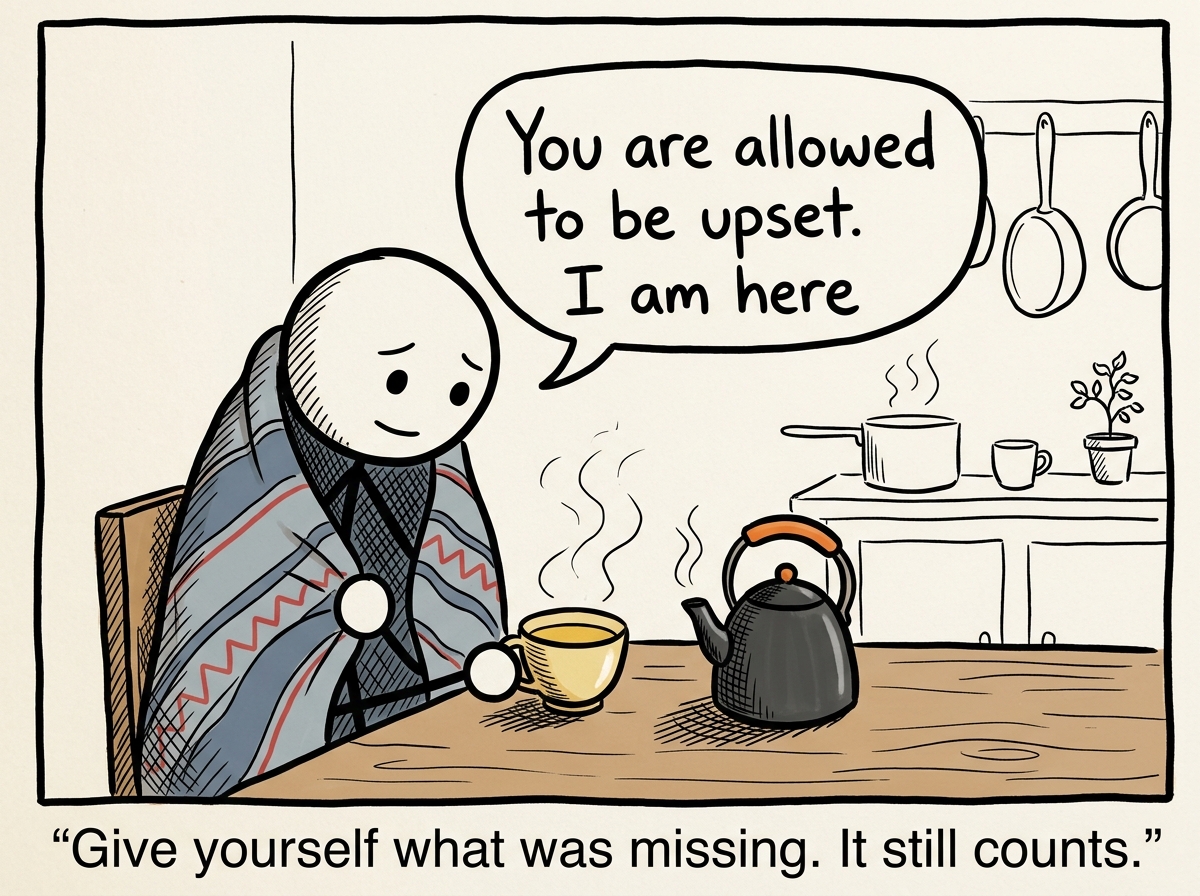 The stick figure wrapping a blanket around their own shoulders, making tea, saying 'You are allowed to be upset. I am here'