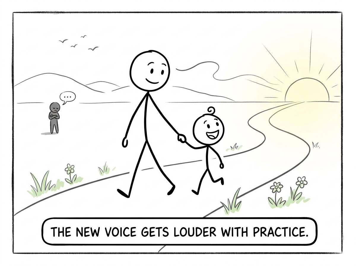 The stick figure and their inner child walking forward together, the critic now a tiny quiet figure far behind them
