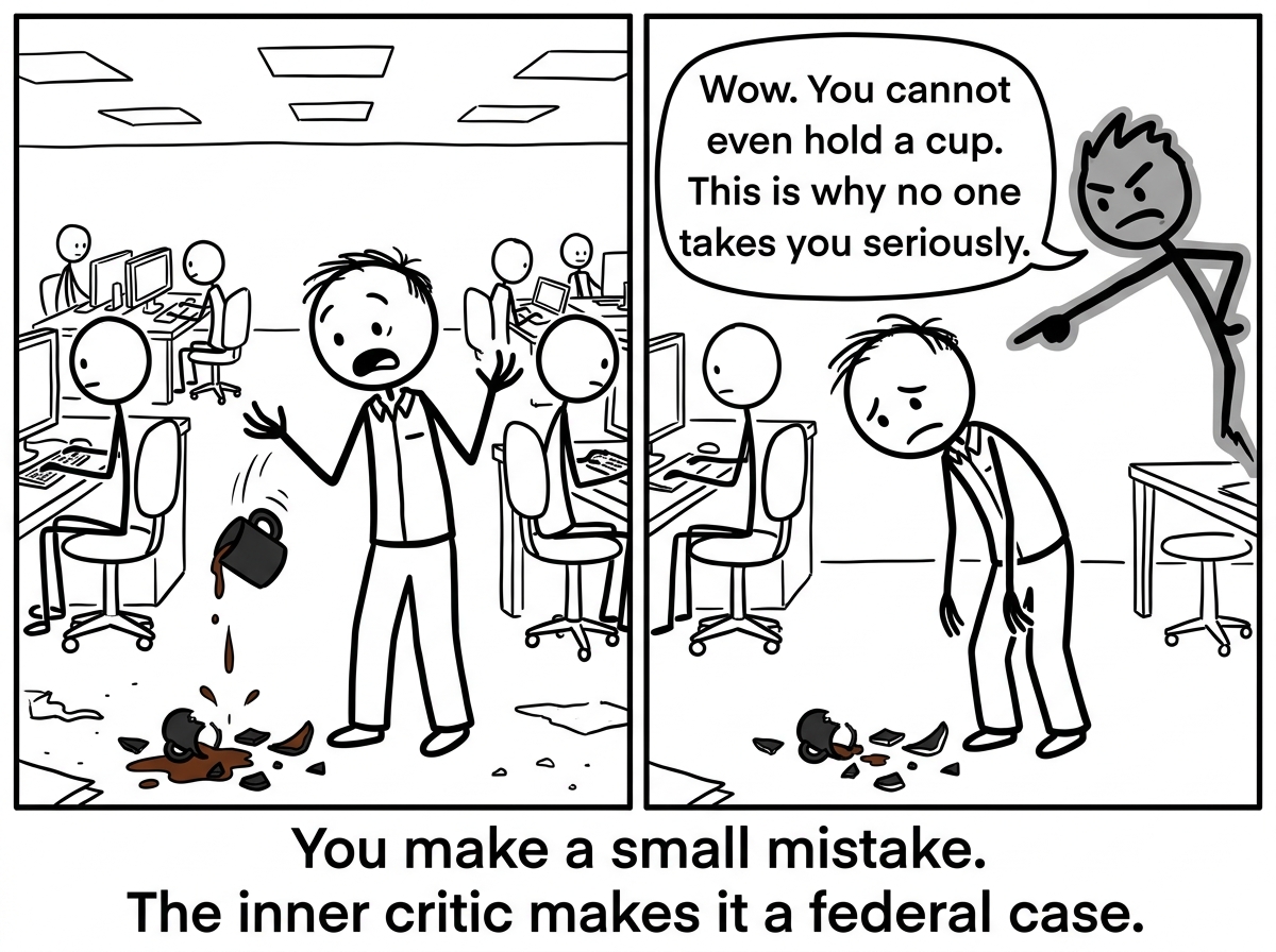 A stick figure adult drops a coffee mug at work. It shatters on the floor. Their inner critic immediately appears: 'Wow. You cannot even hold a cup. This is why no one takes you seriously.'