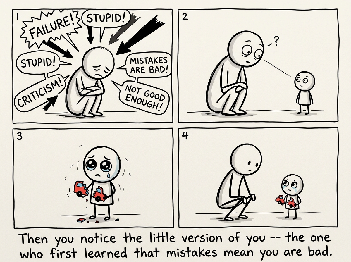 The stick figure hunched over, absorbing the criticism. Then they notice a small child version of themselves standing nearby, looking up at them with wide, sad eyes, holding the broken pieces of a toy