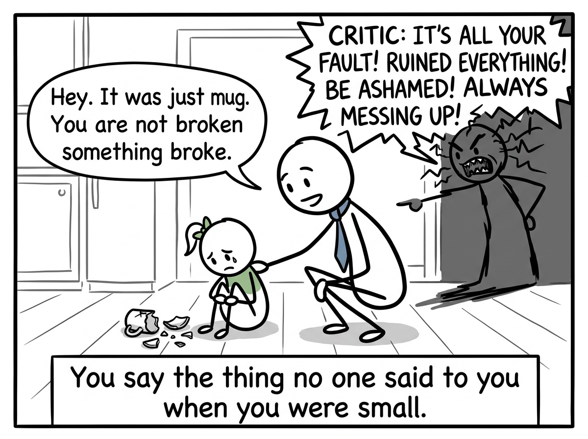 The adult stick figure kneels down to the child's level. The inner critic is still shouting in the background, but the adult is focused on the child, saying 'Hey. It was just a mug. You are not broken because something broke.'