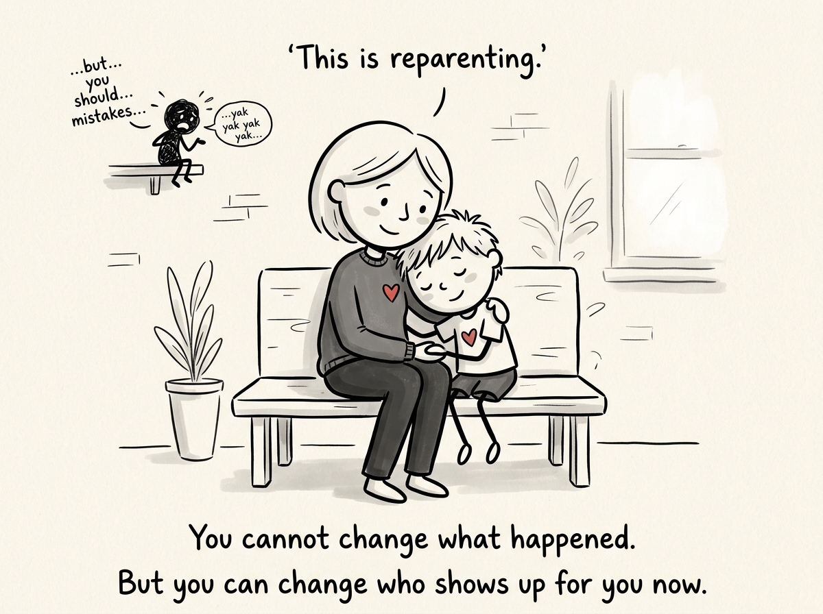 The child version leans into the adult version. The inner critic has shrunk to a tiny figure in the corner, still talking but barely audible. The adult and child sit together quietly. A small caption reads: 'This is reparenting.'