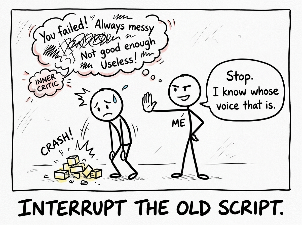 A stick figure hearing the inner critic start after a mistake and holding up a hand, saying 'Stop. I know whose voice that is'