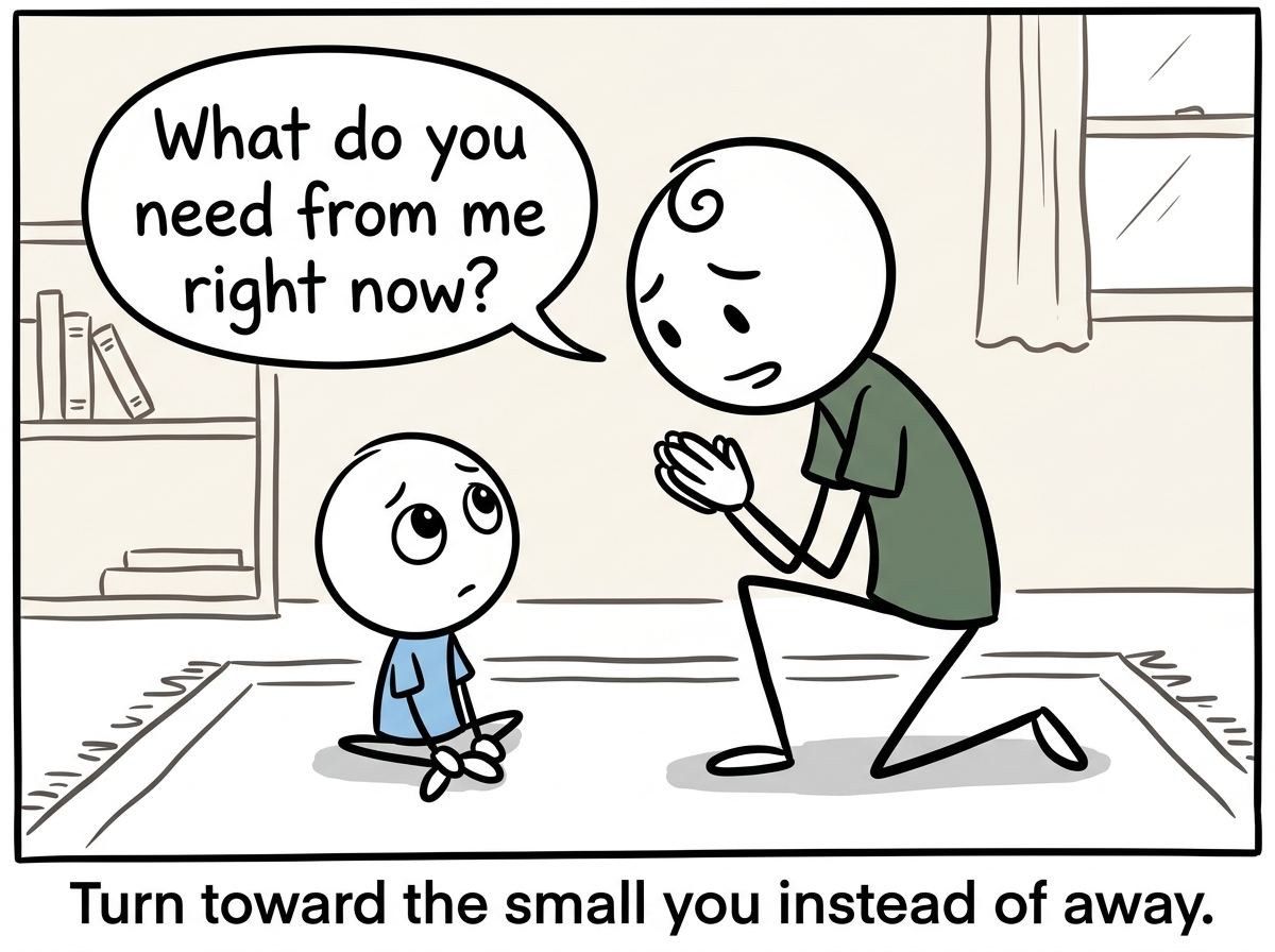 The stick figure kneeling to the child version of themselves, asking gently 'What do you need from me right now?'