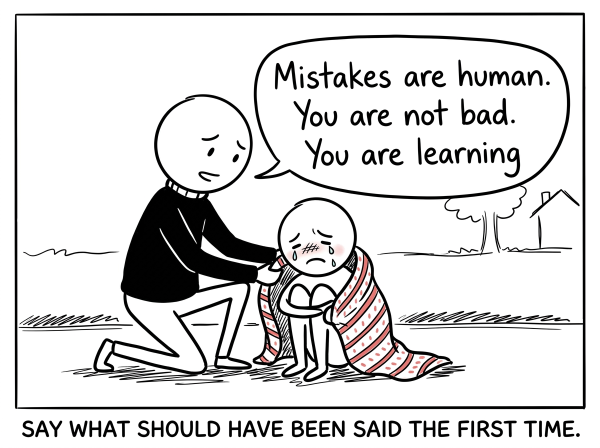 The stick figure wrapping a blanket around the child and saying 'Mistakes are human. You are not bad. You are learning'