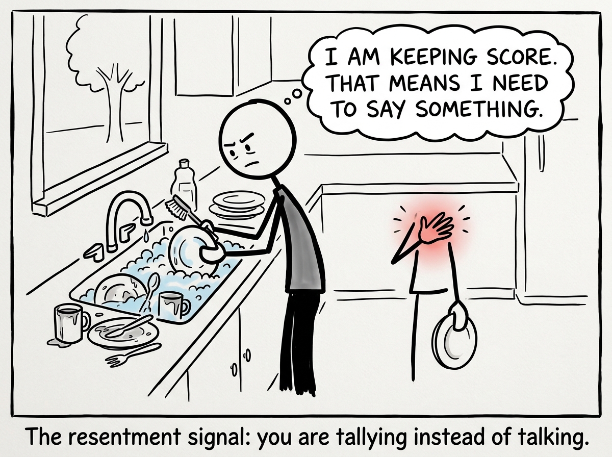 A stick figure noticing a familiar tightness in their chest after doing the dishes again, pausing to think 'I am keeping score. That means I need to say something.'