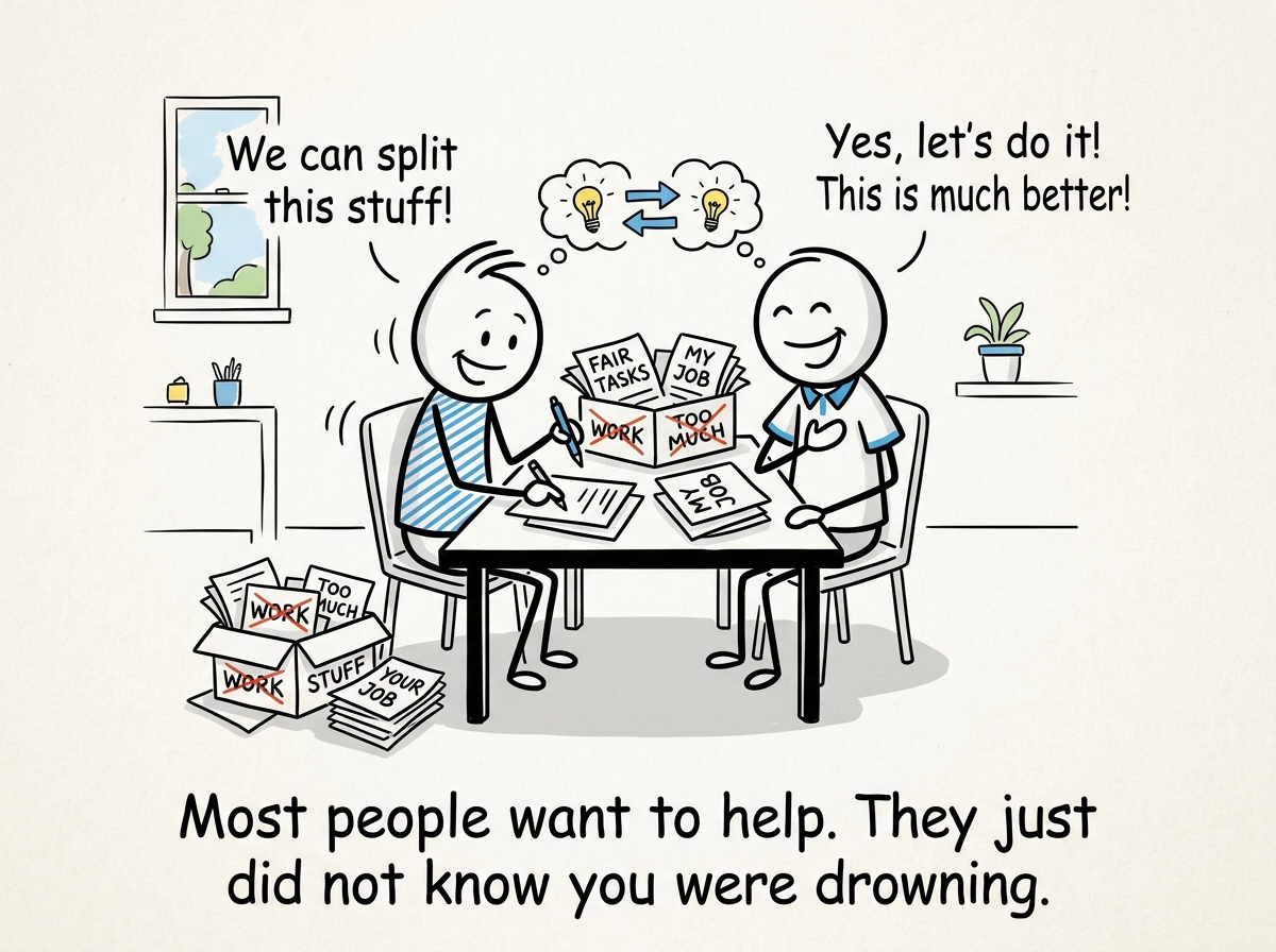 Both figures renegotiating responsibilities at a table, with a visible sense of teamwork and relief