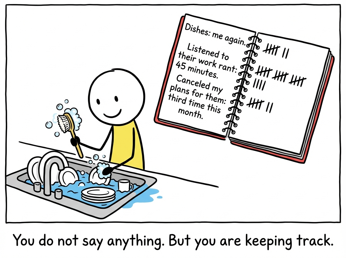 A stick figure cheerfully doing the dishes while a floating ledger behind them marks a tally: 'Dishes: me again. Listened to their work rant: 45 minutes. Canceled my plans for them: third time this month'