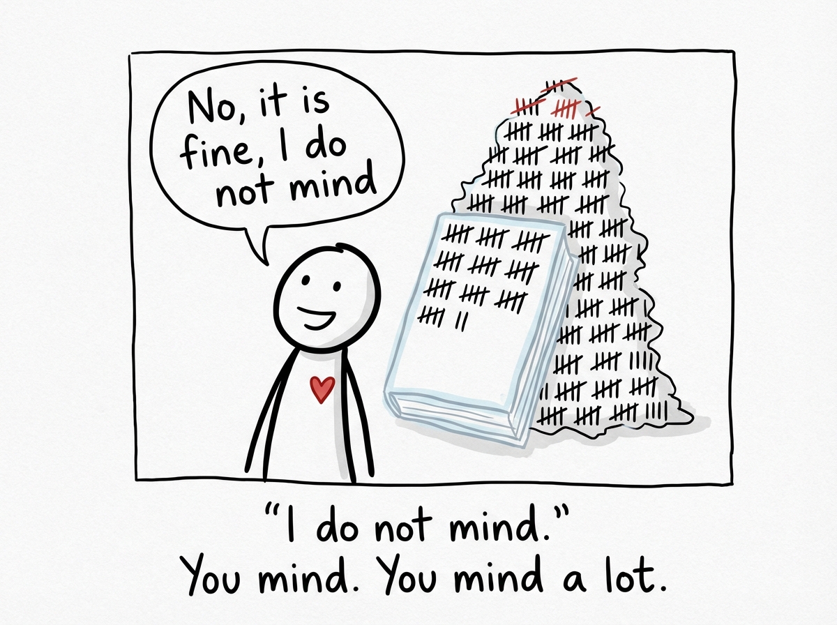 The stick figure smiling and saying 'No, it is fine, I do not mind' while the invisible ledger behind them grows taller and heavier, now overflowing with tallies