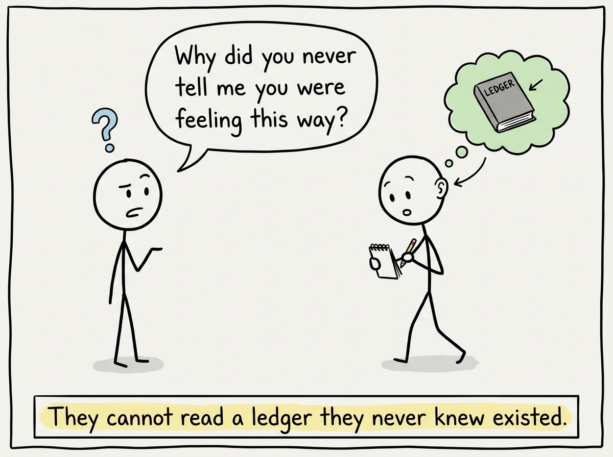 The other person staring in confusion, saying 'Why did you never tell me you were feeling this way?' The scorekeeper pauses, realizing: they were waiting to be noticed instead of asking to be heard