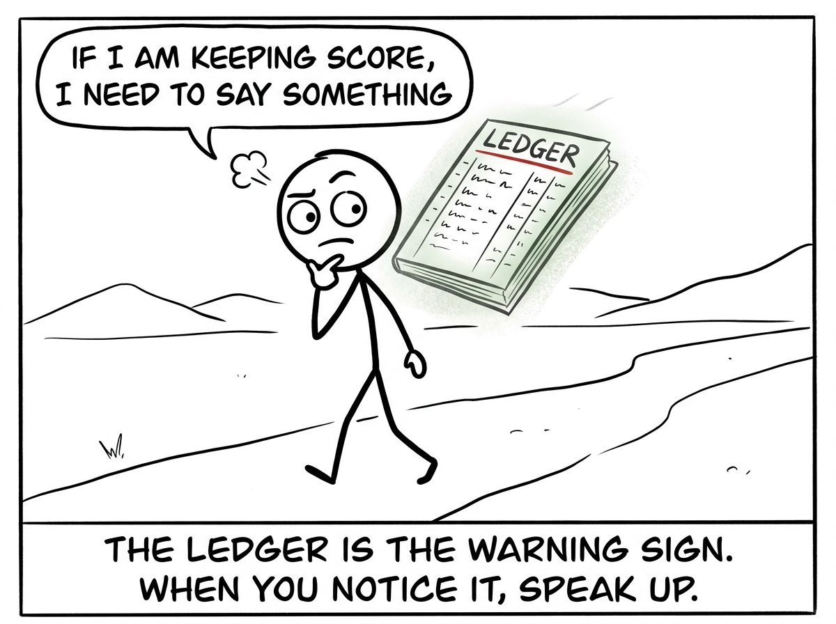 A stick figure noticing the invisible ledger growing behind them and stopping to think 'If I am keeping score, I need to say something'