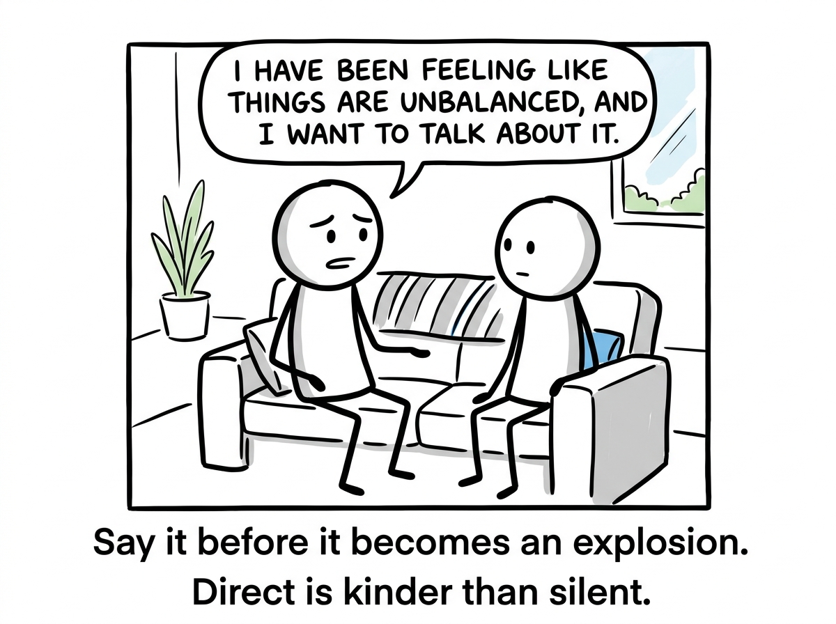 The stick figure sitting down with their partner and calmly saying 'I have been feeling like things are unbalanced, and I want to talk about it'