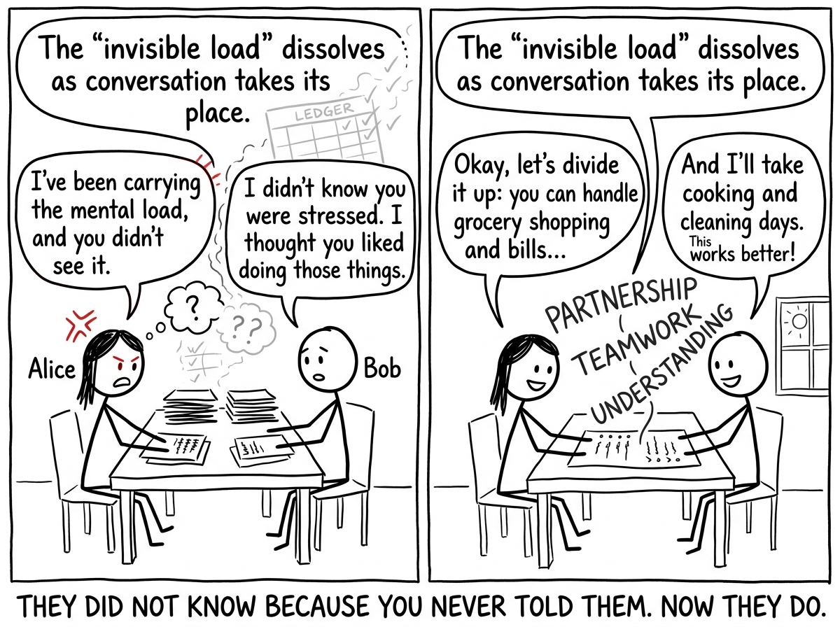 Both figures having a real conversation, redistributing tasks, the invisible ledger dissolving as words replace tallies