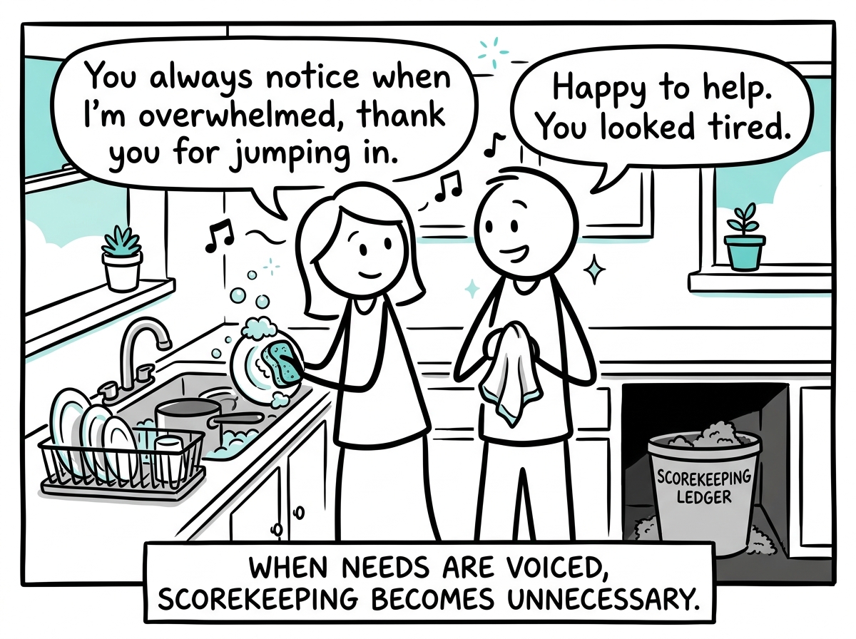 The stick figure doing the dishes alongside their partner, the ledger gone, replaced by an easy, spoken rhythm