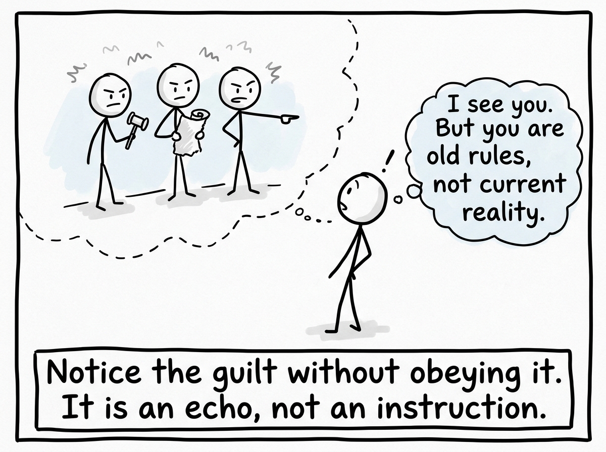 A stick figure noticing the inner judges assembling, pausing and saying out loud 'I see you. But you are old rules, not current reality.'