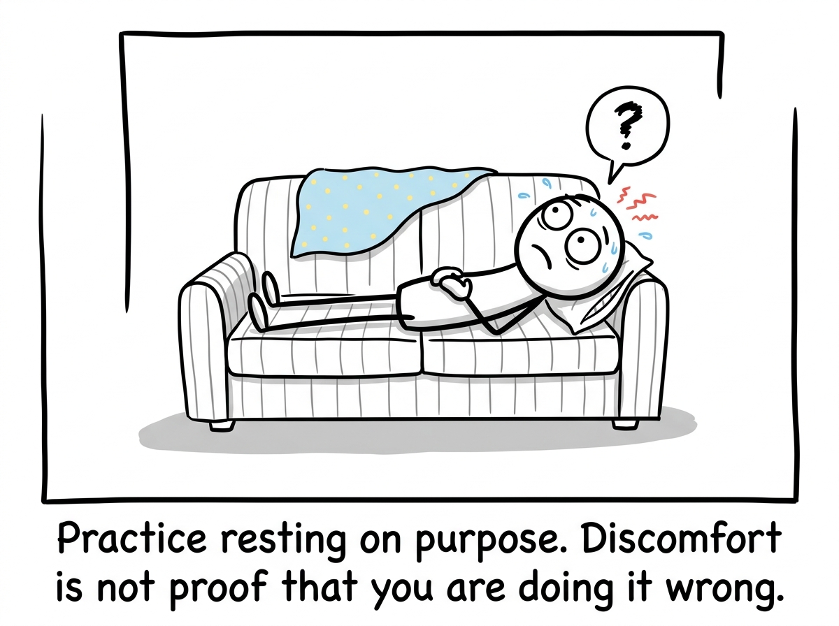A stick figure lying down on the couch deliberately, eyes open, hands on their stomach, practicing being still even though it feels wrong.