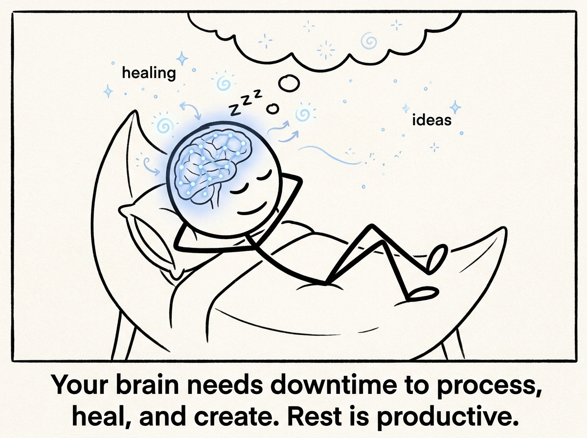 A stick figure's brain shown in a calm state, the default mode network glowing gently, processing and healing during rest.