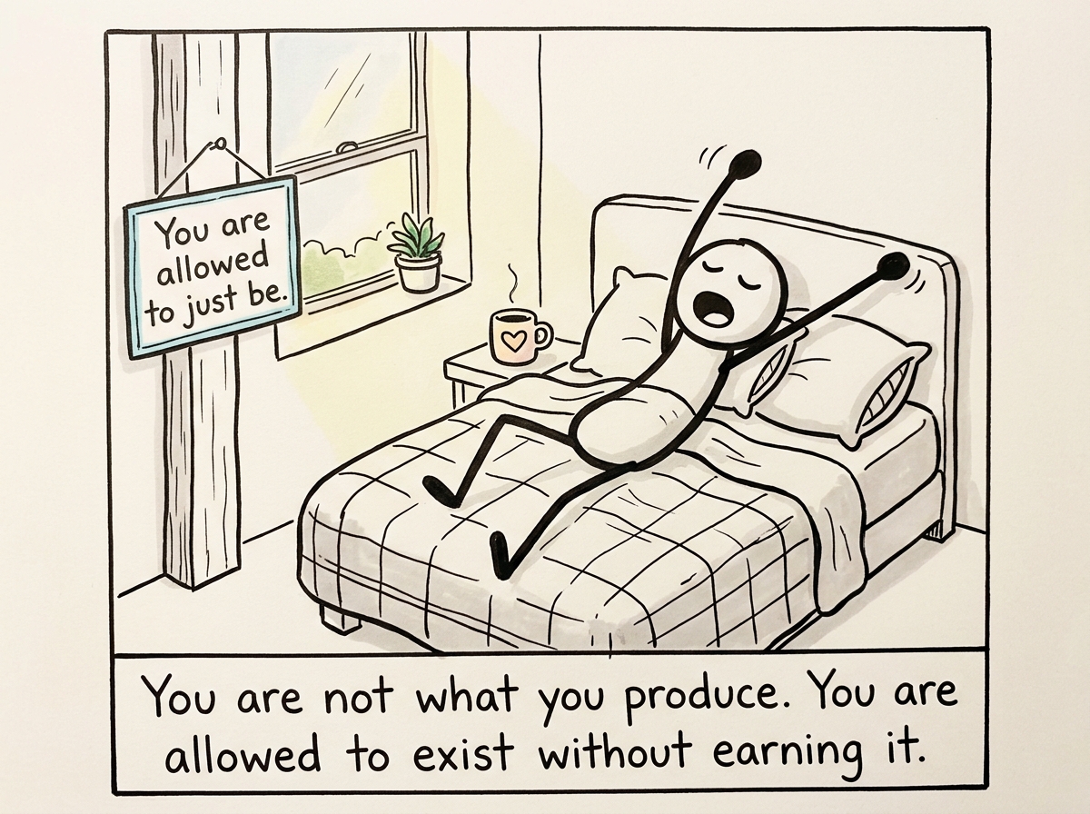 A stick figure waking from a nap without checking the clock or apologizing, stretching slowly, a small sign nearby reading 'You are allowed to just be.'