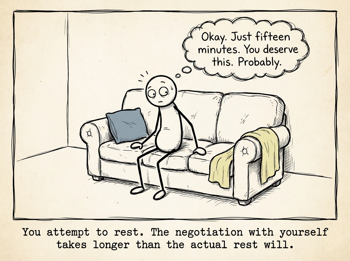 A stick figure cautiously lowering themselves onto a couch. They look around nervously as if someone might catch them. A thought bubble reads 'Okay. Just fifteen minutes. You deserve this. Probably'