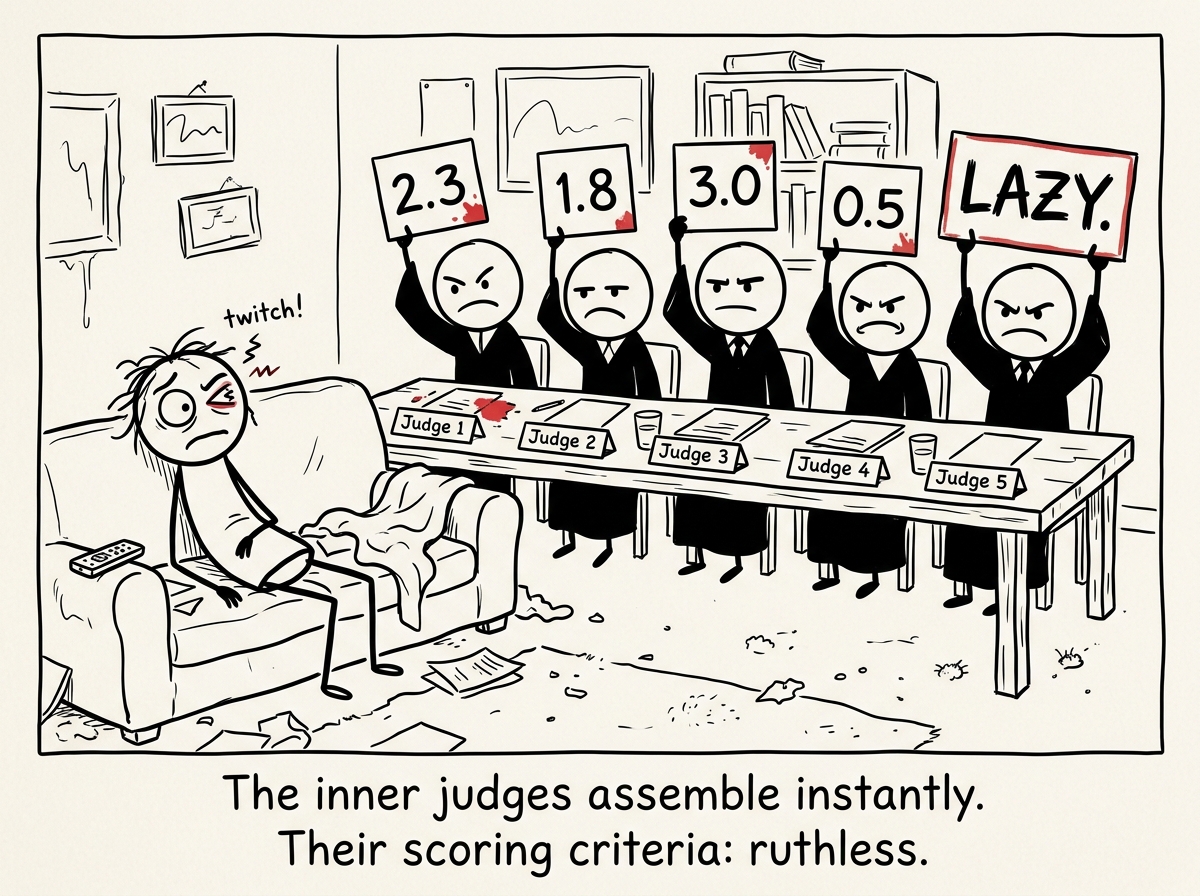 The figure is on the couch, but a panel of five inner judges has appeared behind a long table. Each judge holds up a scorecard. The scores read: 2.3, 1.8, 3.0, 0.5, and one judge just holds up a sign that says 'LAZY.' The figure's eye is twitching