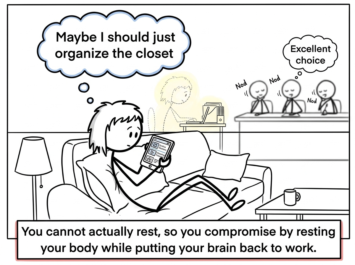 The figure is now sitting upright on the couch, scrolling their phone for productive things to do, looking at online courses and cleaning tutorials. The judges nod approvingly. The figure's body is on the couch but their mind is back at work. A thought bubble reads 'Maybe I should just organize the closet'