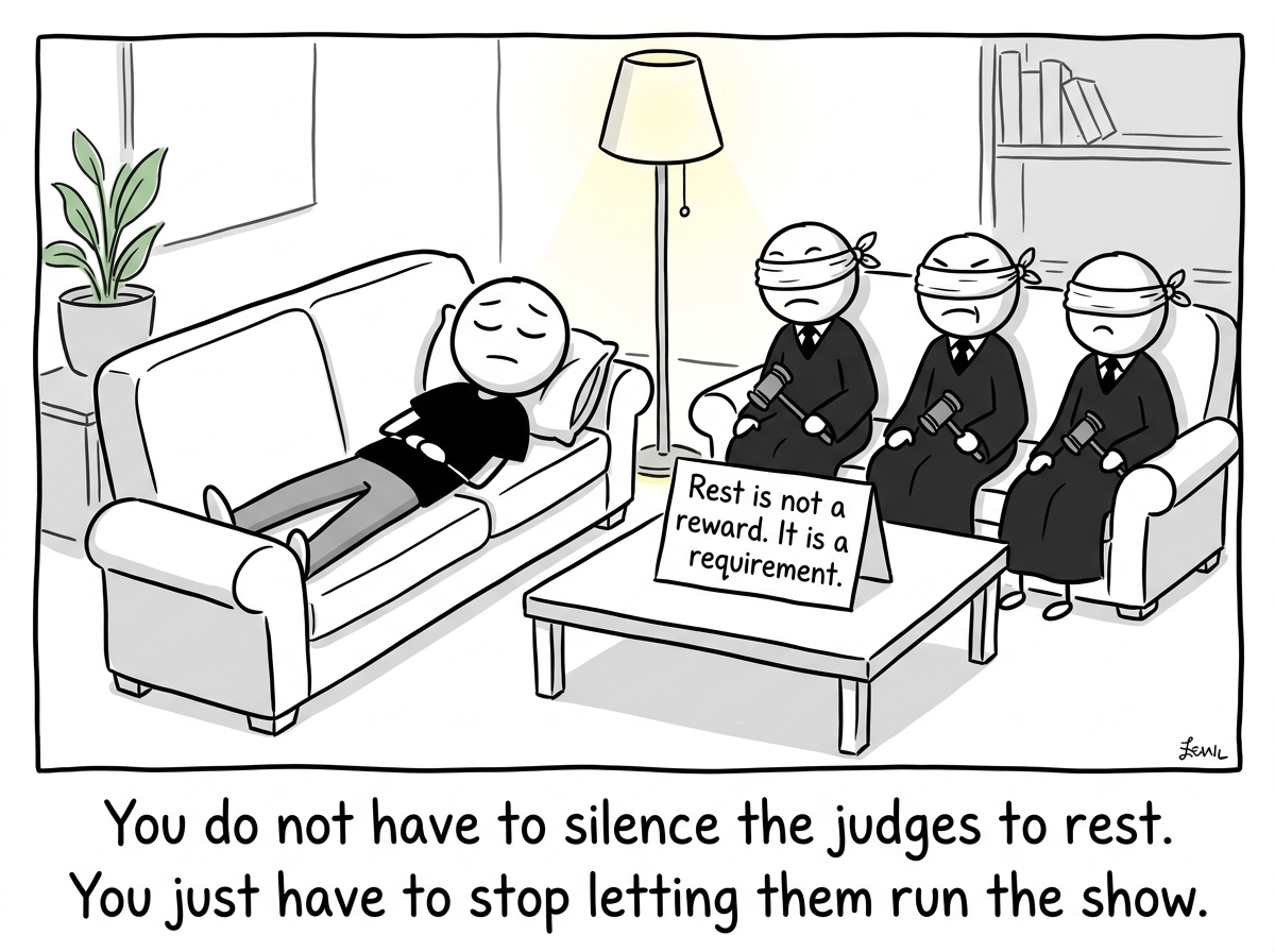The figure finally lies back down and closes their eyes. The judges are still there but the figure has put tiny blindfolds on each of them. A small sign on the coffee table reads 'Rest is not a reward. It is a requirement.' The figure is not fully relaxed -- but they are trying