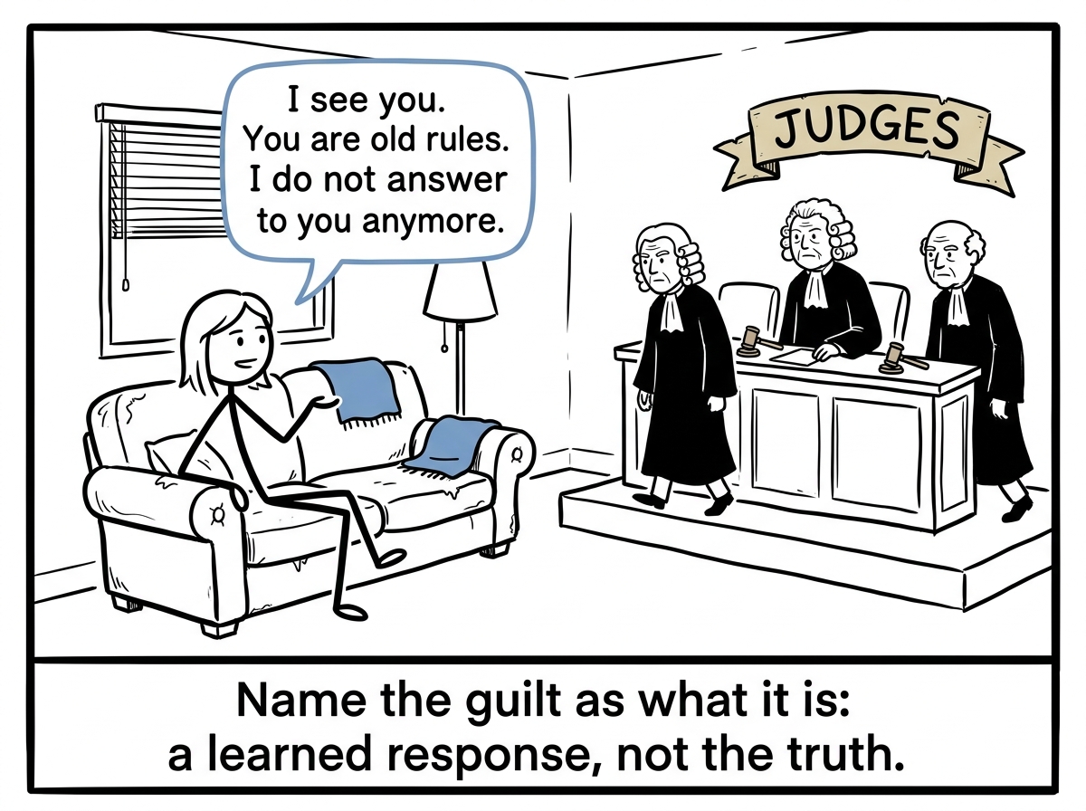 A stick figure sitting on the couch, noticing the judges assembling, and calmly saying 'I see you. You are old rules. I do not answer to you anymore.'