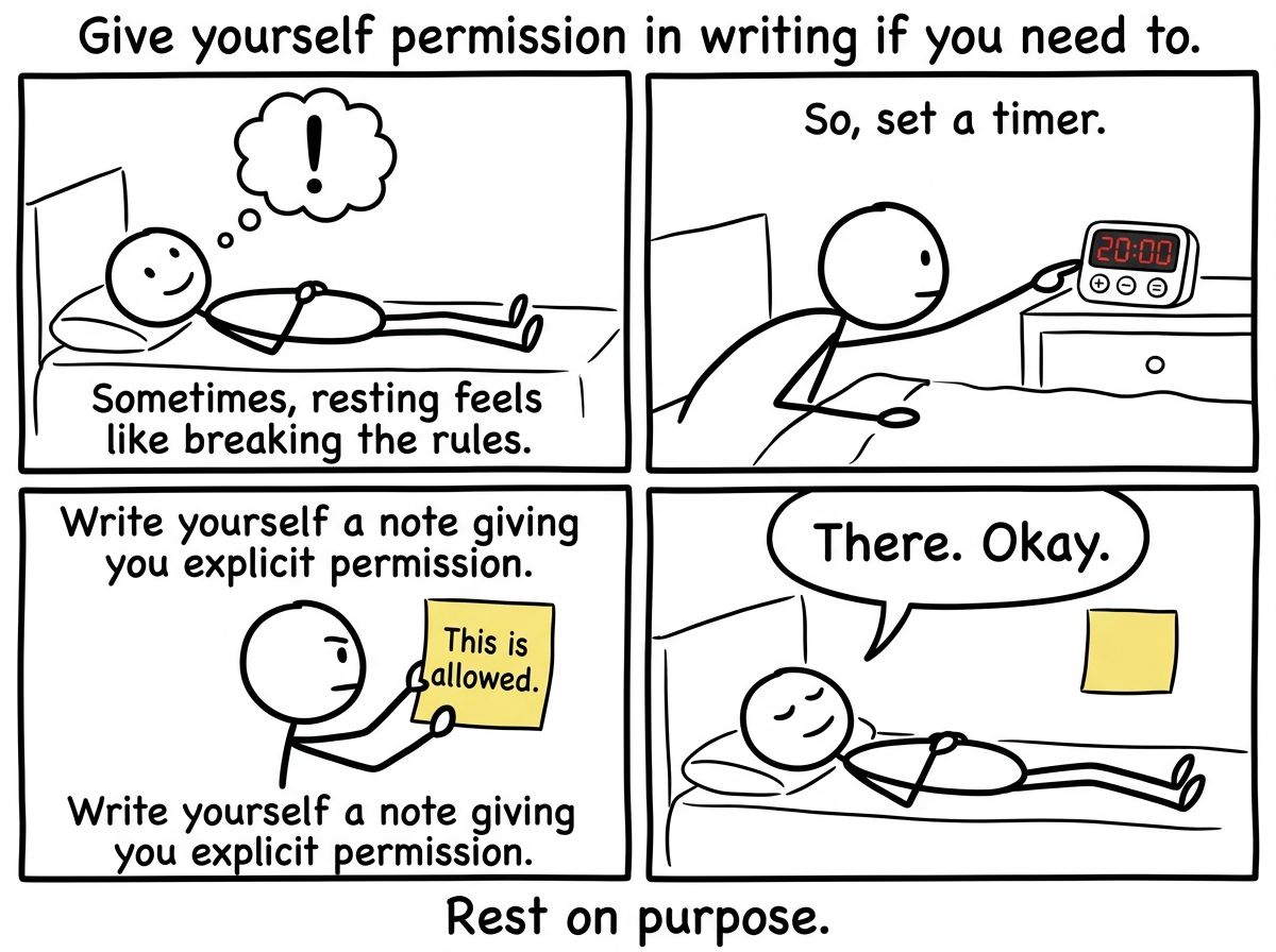 A stick figure lying down deliberately, setting a timer, giving themselves explicit permission with a sticky note reading 'This is allowed.'