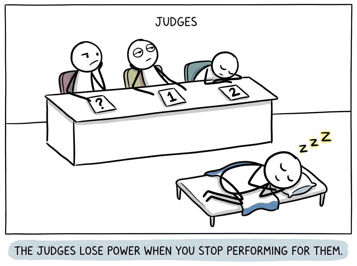 A stick figure napping peacefully, the judges still visible but sitting down with their scorecards lowered, looking bored.