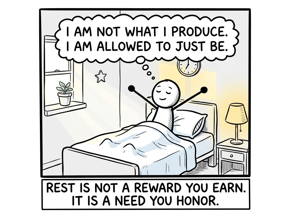 A stick figure waking up gently, stretching, looking rested, a thought bubble reading 'I am not what I produce. I am allowed to just be.'