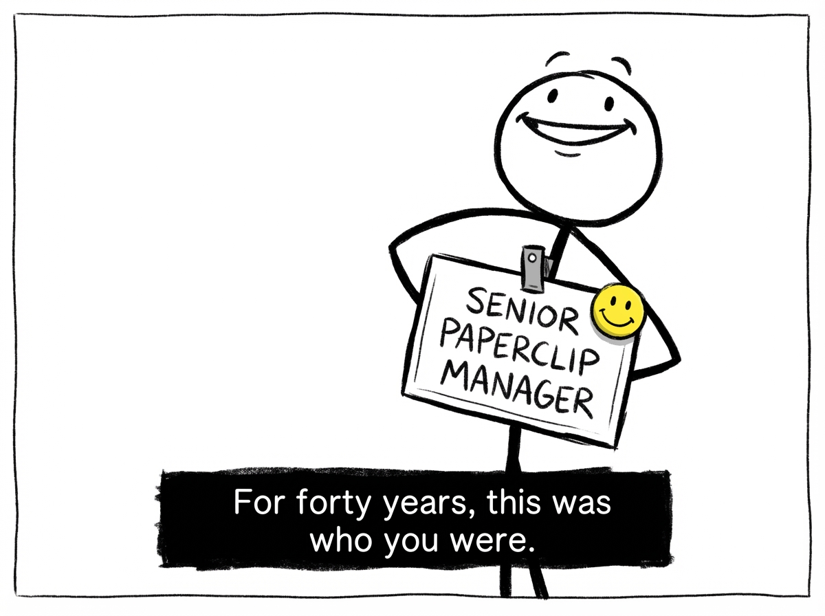 A stick figure at a bustling office party, proudly wearing a large name tag that reads 'SENIOR DIRECTOR OF OPERATIONS' in bold letters -- the figure is smiling confidently, shaking hands, and people are greeting them by their title rather than their name