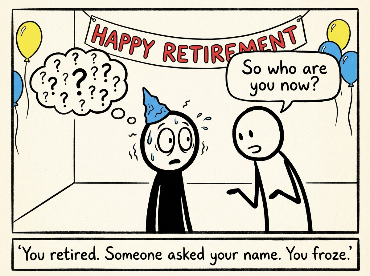The stick figure at a retirement party, someone has just removed the old name tag and a new person is asking 'So, who are you now?' -- the figure is frozen mid-handshake, mouth open, eyes wide, with a visible thought bubble containing a question mark