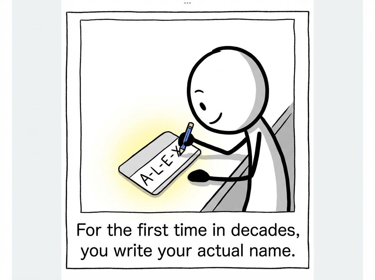 The stick figure carefully writing their actual first name on the blank name tag with a small, uncertain smile -- the letters are wobbly and imperfect, but the figure looks at the tag like they are seeing their own name for the first time in decades