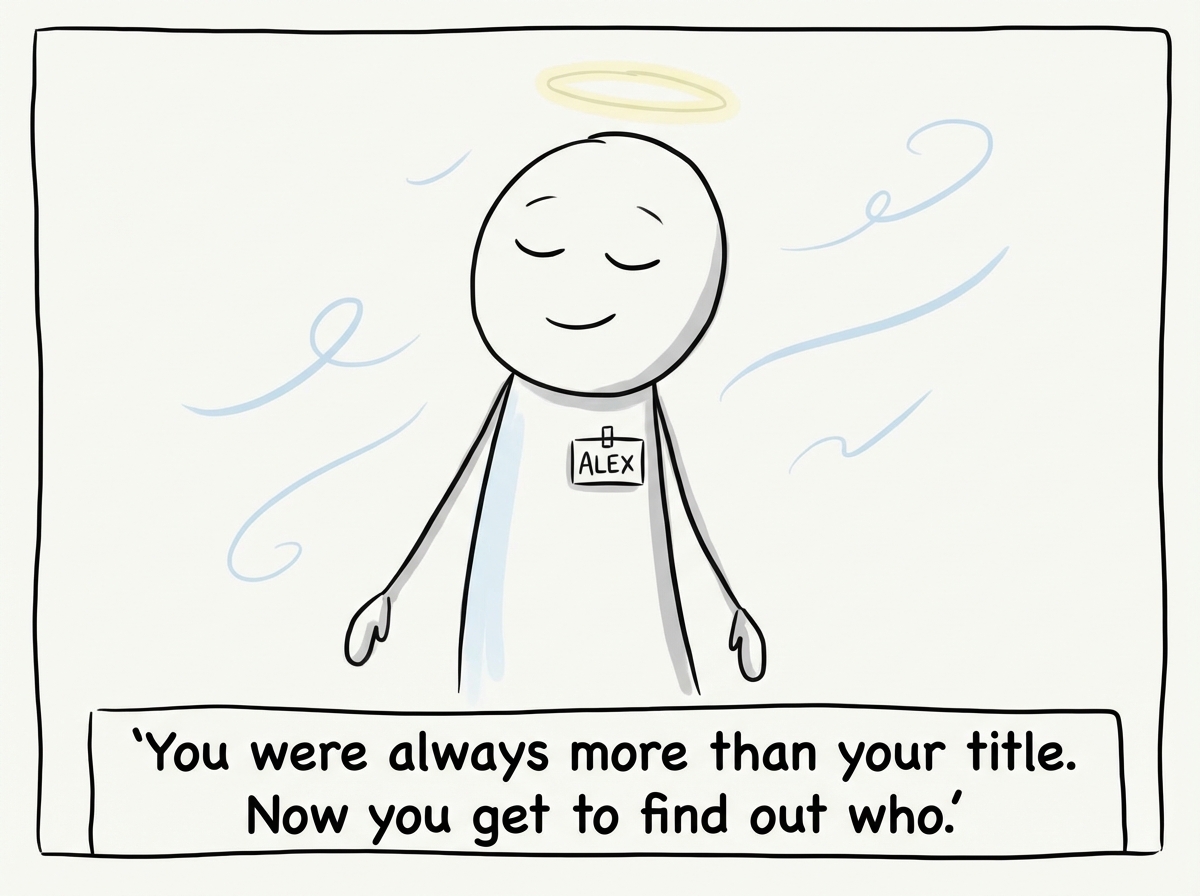 A stick figure wearing the hand-written name tag and introducing themselves at a community event -- they say 'Hi, I am...' followed by their actual name, not a title, and the person they are meeting smiles warmly