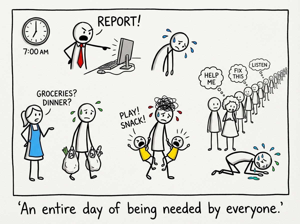 A stick figure's entire day shown as a gauntlet: morning alarm at 6 AM, commute, boss handing them tasks, cooking dinner for kids, answering emails, doing laundry -- every hour occupied by someone else's needs. The figure looks like a robot on a conveyor belt, with labels over each segment: 'FOR WORK,' 'FOR KIDS,' 'FOR THE HOUSE,' 'FOR EVERYONE ELSE.'