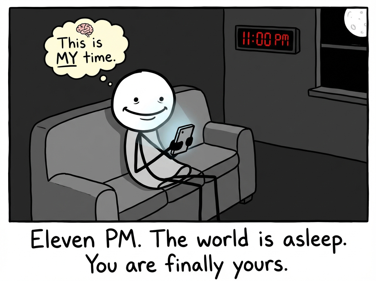 The same stick figure now alone on the couch at 11 PM, the house dark and quiet. Their face transforms from exhausted to alive. A crown appears on their head. A speech bubble reads 'This is MY time.' The phone glows warmly in their hands like a treasure. A clock on the wall shows 11:00 PM.