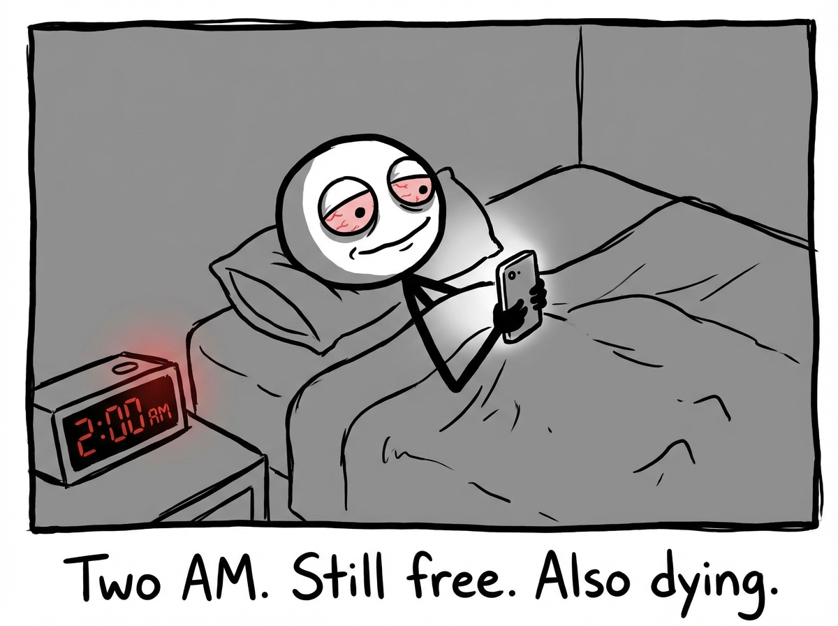 The stick figure still on the couch, scrolling through their phone, but the clock now reads 2:17 AM. The crown is drooping. Their eyes are half-closed but their thumb keeps scrolling. Empty snack wrappers surround them. A thought bubble reads 'Just five more minutes of freedom' while their body visibly sags with exhaustion.